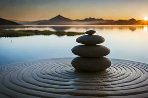 a stack of stones sits on top of a lake at sunset. AI-Generated photo