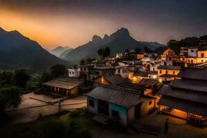 un pueblo en el montañas a puesta de sol. generado por ai foto