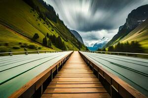 a long wooden bridge in the mountains with a cloudy sky. AI-Generated photo