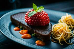 a dessert with chocolate and berries on a black plate. AI-Generated photo