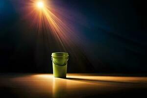 a green bucket sitting on a table with a spotlight shining down. AI-Generated photo