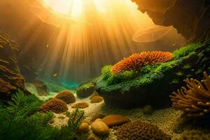 an underwater scene with sunbeams shining through the water. AI-Generated photo