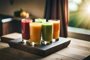 five different colored juices on a wooden tray. AI-Generated photo