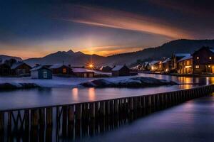 un invierno puesta de sol terminado un pequeño pueblo en Noruega. generado por ai foto