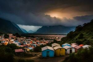 a village in the mountains with colorful huts. AI-Generated photo