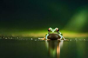 a frog sitting on the water surface with a green background. AI-Generated photo