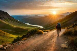 a hiker walks along a path in the mountains at sunset. AI-Generated photo