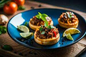 Tres mini pizzas en un azul plato con Tomates y hierbas. generado por ai foto