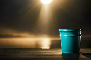 a bucket sitting on a wooden table in front of a lake. AI-Generated photo