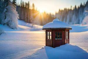 a small red hut sits in the middle of a snowy field. AI-Generated photo