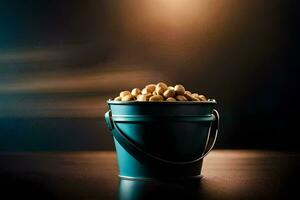 a bucket filled with peanuts on a table. AI-Generated photo