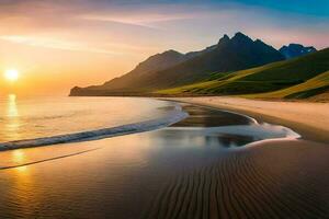 the sun sets over a beach and mountains. AI-Generated photo