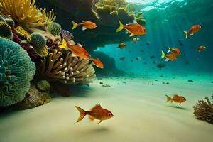 a coral reef with fish swimming in the water. AI-Generated photo