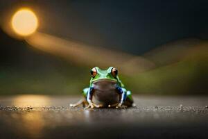 a frog sitting on the ground in front of a light. AI-Generated photo