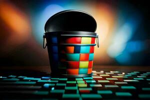 a colorful bucket sitting on a table with a bright light. AI-Generated photo