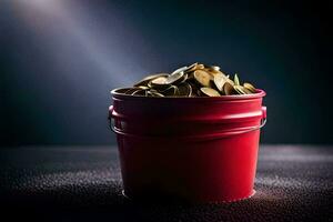 a red bucket filled with coins on a dark background. AI-Generated photo