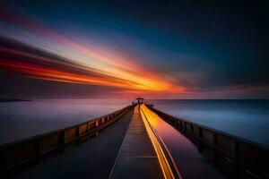 un largo exposición fotografía de un muelle a puesta de sol. generado por ai foto