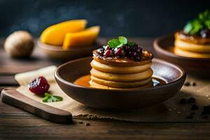 pancakes with cranberry sauce and orange slices on a wooden table. AI-Generated photo