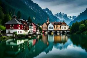 photo wallpaper mountains, the sky, water, houses, bridge, town, lake, mountains,. AI-Generated