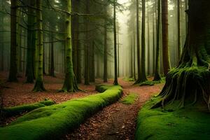 a path through a forest with mossy trees. AI-Generated photo