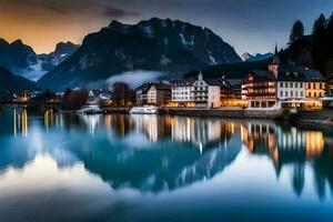 the town of altenburg is reflected in the water at dusk. AI-Generated photo