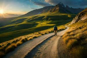 un hombre camina a lo largo un suciedad la carretera en el montañas. generado por ai foto