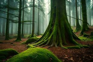 un verde bosque con cubierto de musgo arboles y arboles generado por ai foto