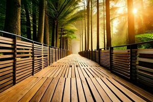 a wooden walkway in the middle of a forest. AI-Generated photo