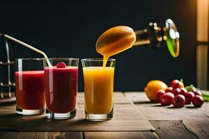 jugo siendo vertido dentro un vaso con fruta. generado por ai foto