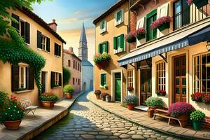 a painting of a street with flowers and shops. AI-Generated photo