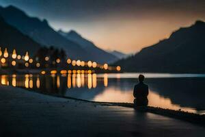 a man sitting on the shore of a lake at night. AI-Generated photo