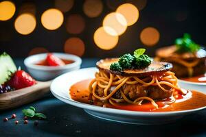 two plates with spaghetti and sauce on them. AI-Generated photo