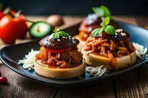 pequeño emparedados con carne y vegetales en un negro lámina. generado por ai foto