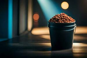a bucket filled with fish in a dark room. AI-Generated photo