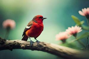 a red bird is sitting on a branch. AI-Generated photo