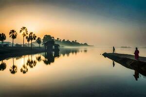 a man and woman stand on a dock at sunrise. AI-Generated photo