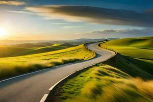 a winding road in the middle of a green field. AI-Generated photo