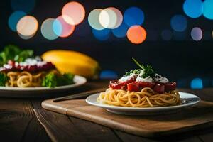 espaguetis con Tomates y queso feta queso en un de madera mesa. generado por ai foto