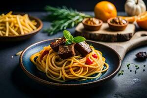 spaghetti with meat and vegetables on a dark table. AI-Generated photo