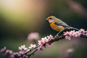 a bird sits on a branch with pink flowers. AI-Generated photo