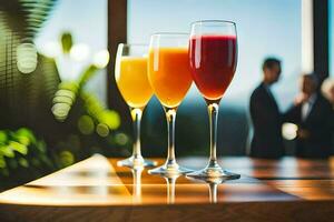 Tres lentes de naranja jugo en un mesa. generado por ai foto