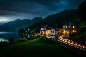 un largo exposición fotografía de un casa y lago a noche. generado por ai foto
