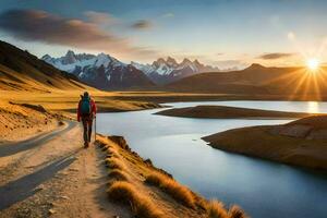 a man walks along a path in the mountains. AI-Generated photo