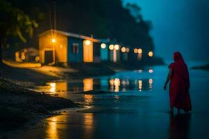 a woman in a red dress walks along the shore at night. AI-Generated photo