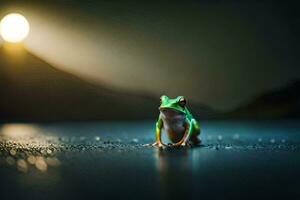 a frog sitting on the ground in front of a full moon. AI-Generated photo