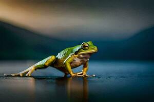 a frog sitting on the ground in front of a lake. AI-Generated photo