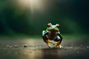 a frog is standing on the ground with a bright light behind it. AI-Generated photo