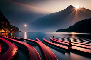 a row of red boats on the water in front of a mountain. AI-Generated photo