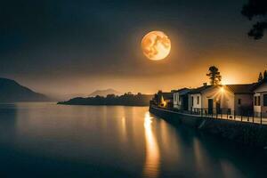 un lleno Luna sube terminado un lago a noche. generado por ai foto