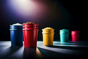 a row of colorful cups with cereal in them. AI-Generated photo